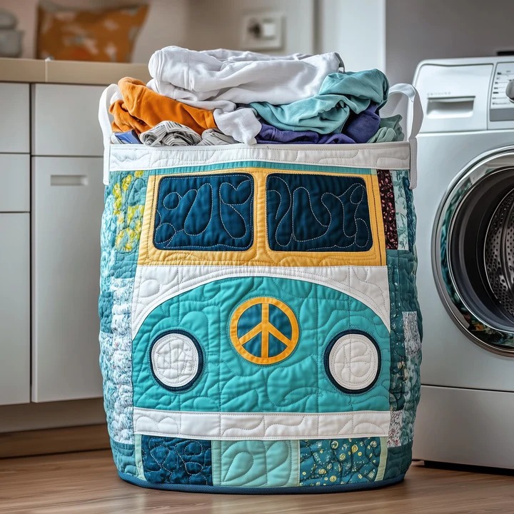 Hippie Van Boho Quilted Laundry Basket Teal VW Bus Peace Sign Home Storage Best Gift Ideas
