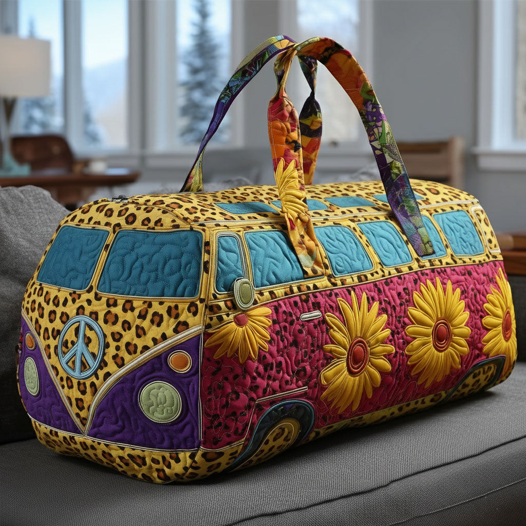 Hippie Van Cheetah Sunflower Quilted Duffle Bag Leopard Print Travel Bag Gift Ideas For Women