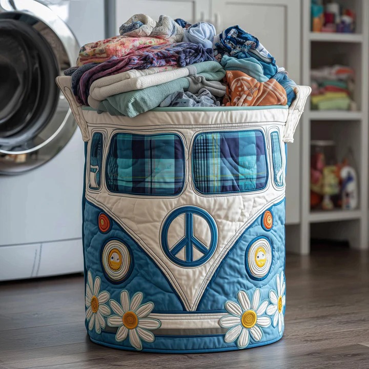 Hippie Van Daisy Blue Plaid Quilted Laundry Basket VW Bus Boho Peace Sign Home Gift Ideas