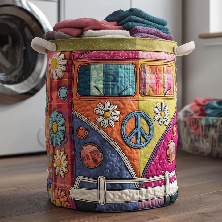 Hippie Van Daisy Boho Patchwork Quilted Laundry Basket VW Bus Colorful Home Gift For Her