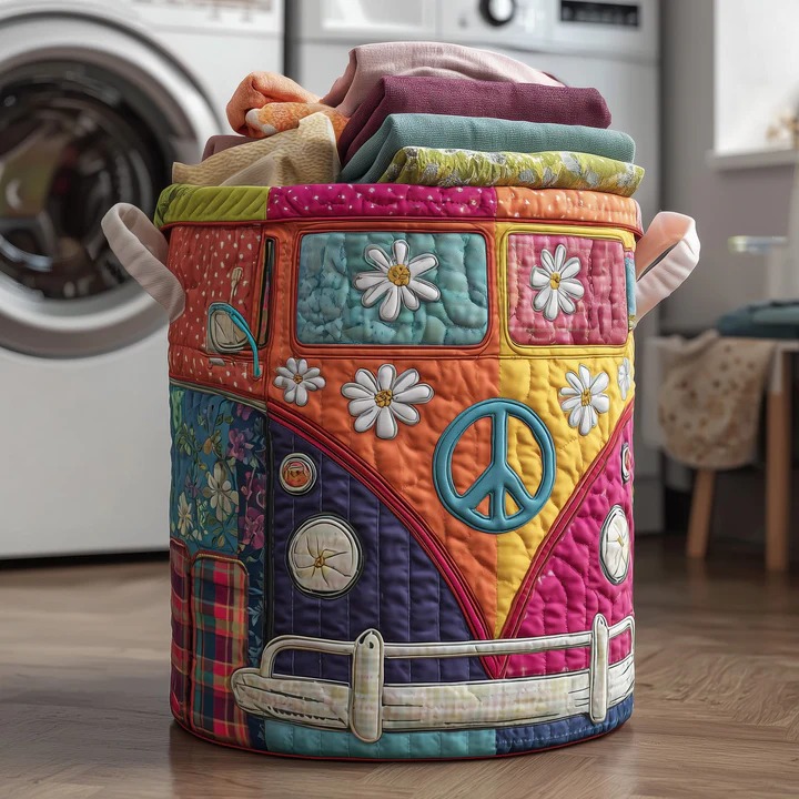 Hippie Van Daisy Boho Quilted Laundry Basket VW Bus Multicolor Peace Sign Home Gift Ideas