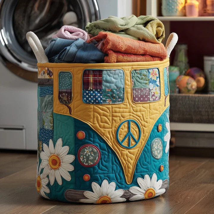 Hippie Van Daisy Boho Teal Yellow Quilted Laundry Basket VW Bus Peace Sign Gift Ideas
