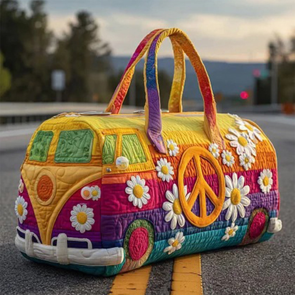Hippie Van Daisy Flower Graphic Quilted Duffle Bag Hippie Style Merch Best Present For peace Lover