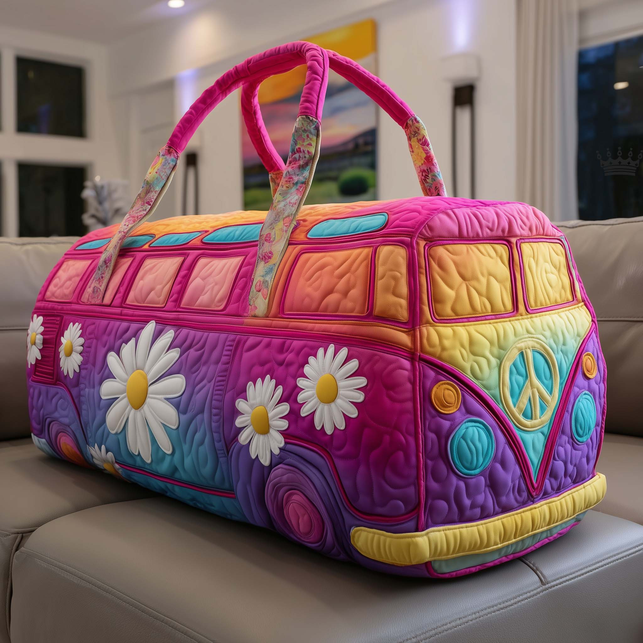 Hippie Van Daisy Flower Quilted Duffle Bag Pink Purple Peace Sign Bag Cute Gift Ideas For Women