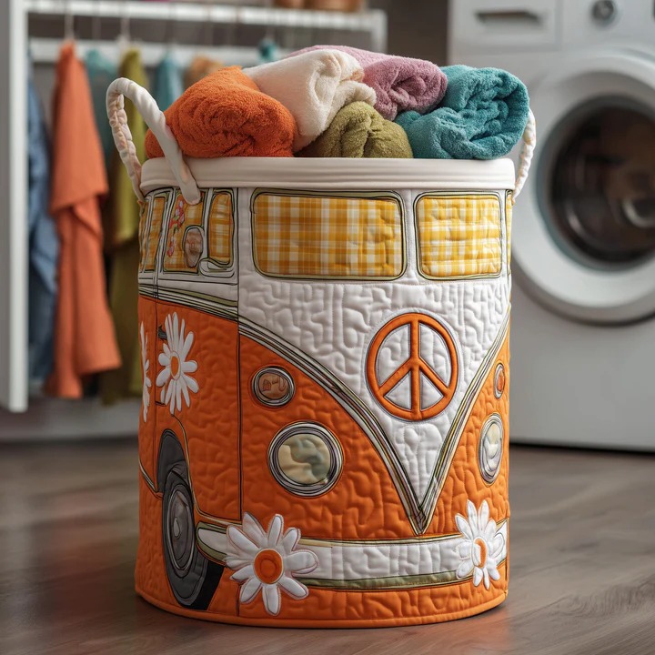 Hippie Van Daisy Orange Quilted Laundry Basket VW Bus Boho Plaid Window Home Gift Ideas