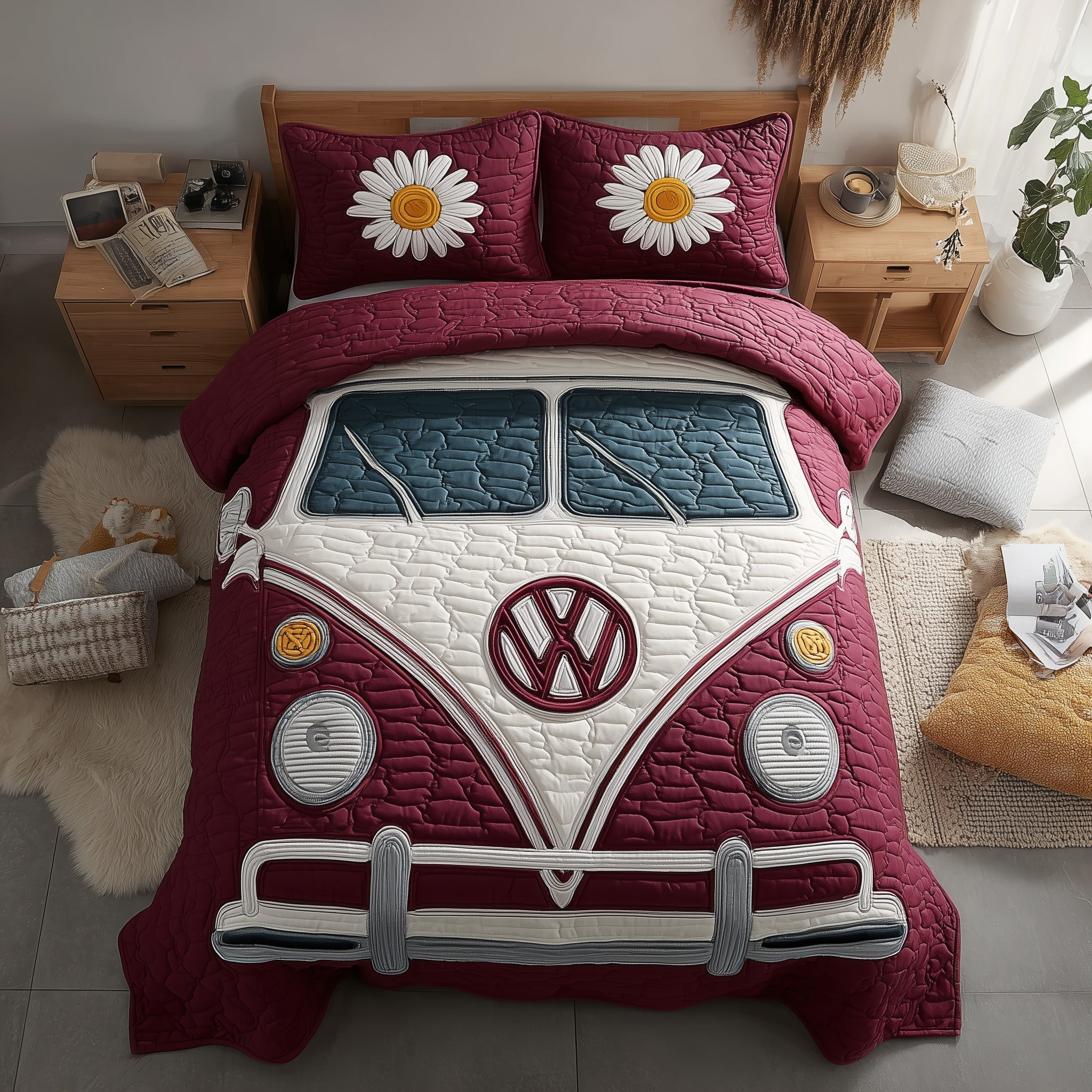 Hippie Van Daisy Quilted Bedding Set Peace and Love Decor Gifts For Daisy Lovers