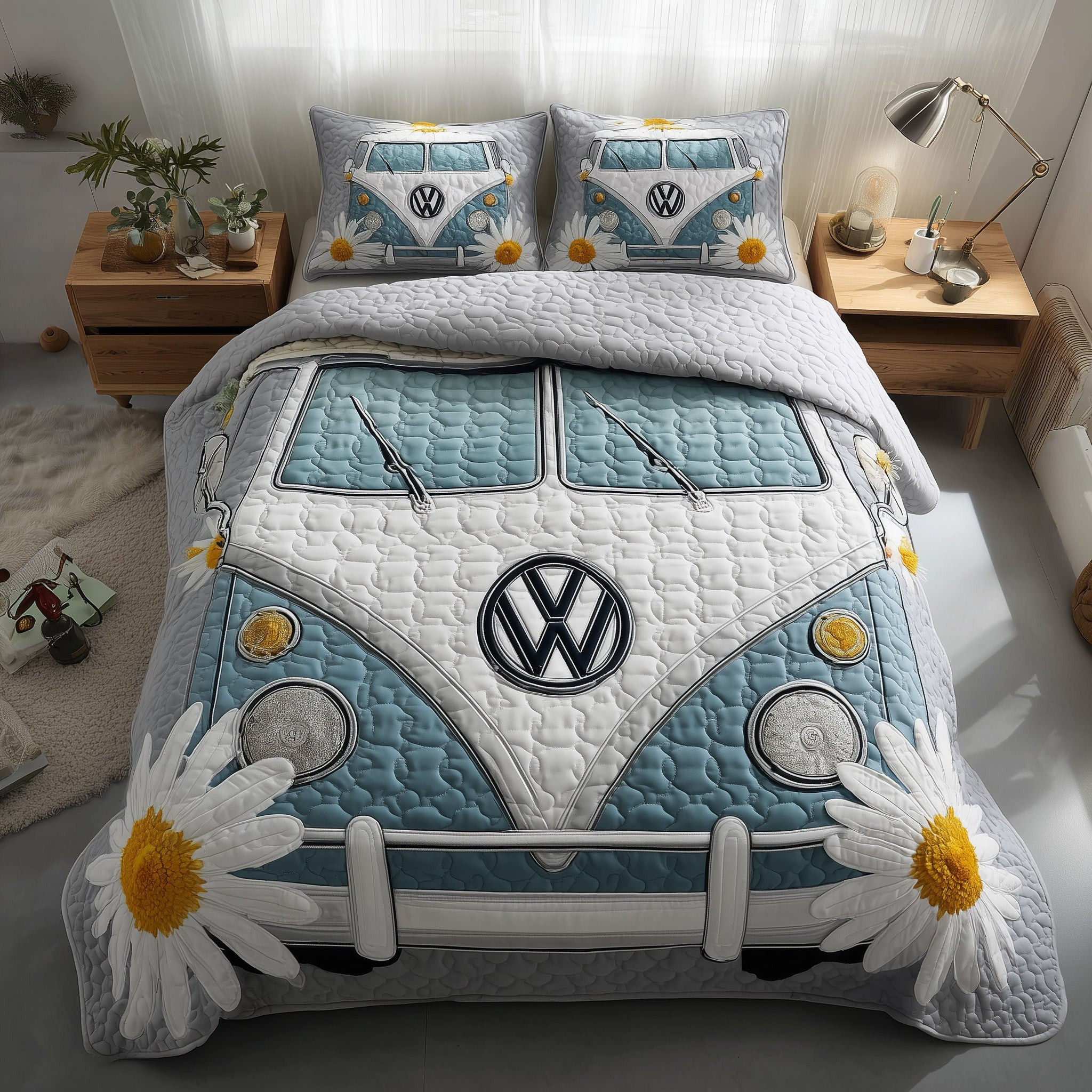 Hippie Van Daisy Quilted Bedding Set Peace and Love Decor Unique Gifts For Daisy Lovers