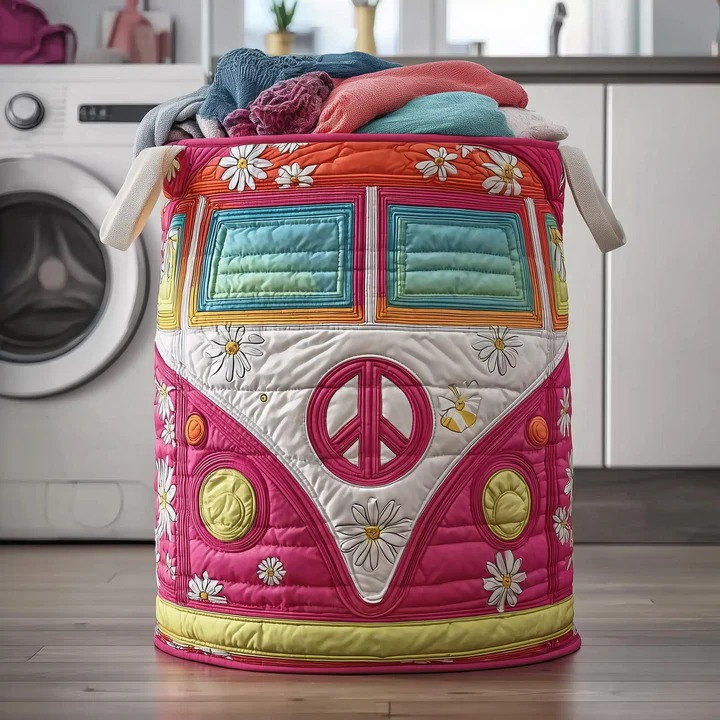 Hippie Van Daisy Quilted Laundry Basket Pink VW Bus Boho Flower Power Best Gift For Her