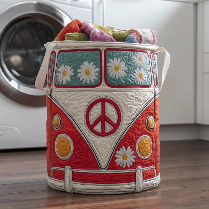 Hippie Van Daisy Quilted Laundry Basket Red VW Bus Flower Power Boho Best Gift For Her