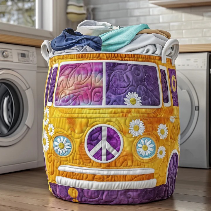Hippie Van Daisy Quilted Laundry Basket Yellow Purple VW Bus Tie Dye Boho Best Gift For Her
