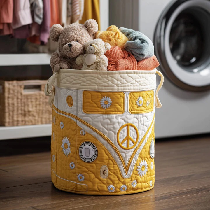 Hippie Van Daisy Quilted Toy Laundry Basket Yellow VW Bus Boho Kids Room Storage Gift Ideas
