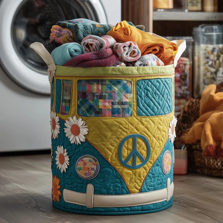 Hippie Van Daisy Teal Yellow Patchwork Quilted Laundry Basket VW Bus Boho Gift For Her