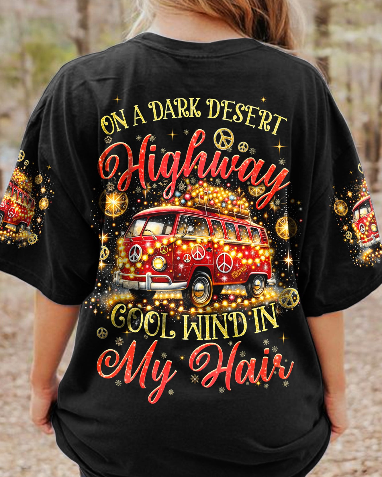 Hippie Van Dark Desert Highway Christmas T-Shirt Xmas Clothing Hippie Related Gifts