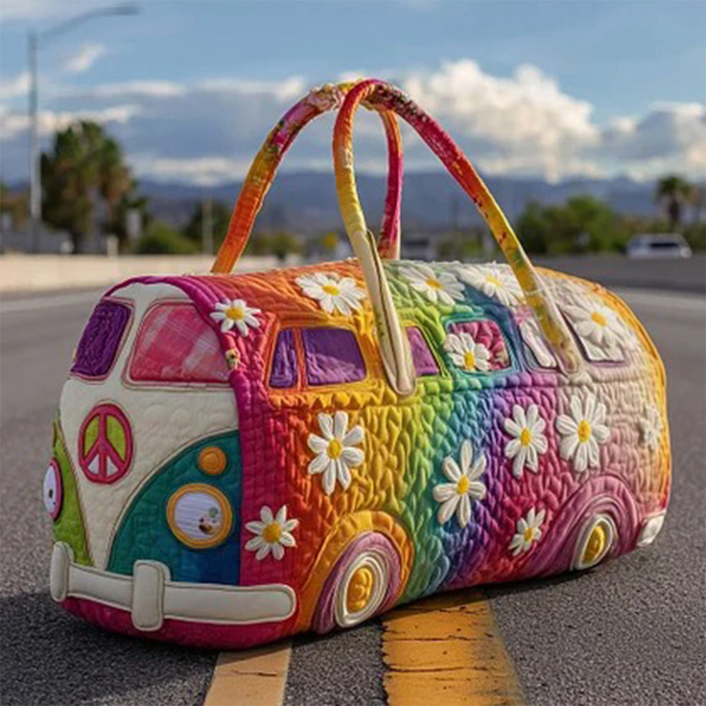 Hippie Van Floral Graphic Quilted Duffle Bag Hippie Style Bag Cool Present For Mother