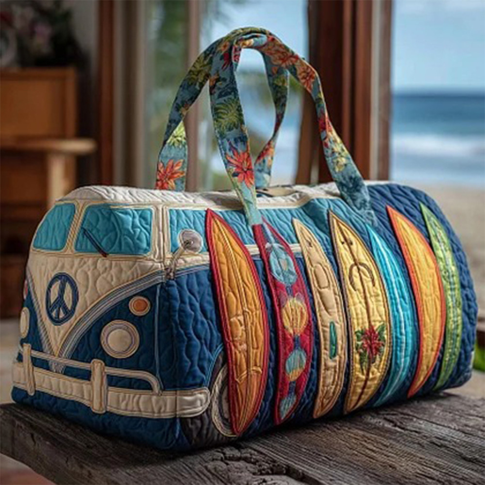 Hippie Van Graphic Design Quilted Duffle Bag Hippie Style Merch Present Idea For Peace Lovers