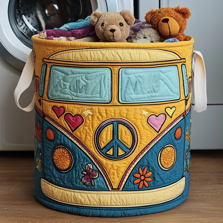 Hippie Van Heart Flower Quilted Toy Laundry Basket Yellow Teal VW Bus Boho Kids Gift Ideas