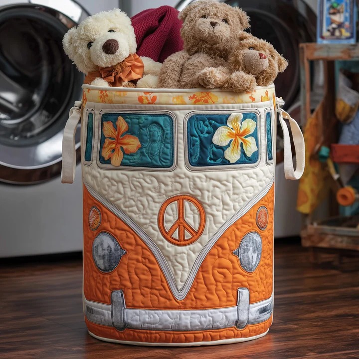 Hippie Van Hibiscus Quilted Toy Laundry Basket Orange VW Bus Tropical Boho Gift For Kids