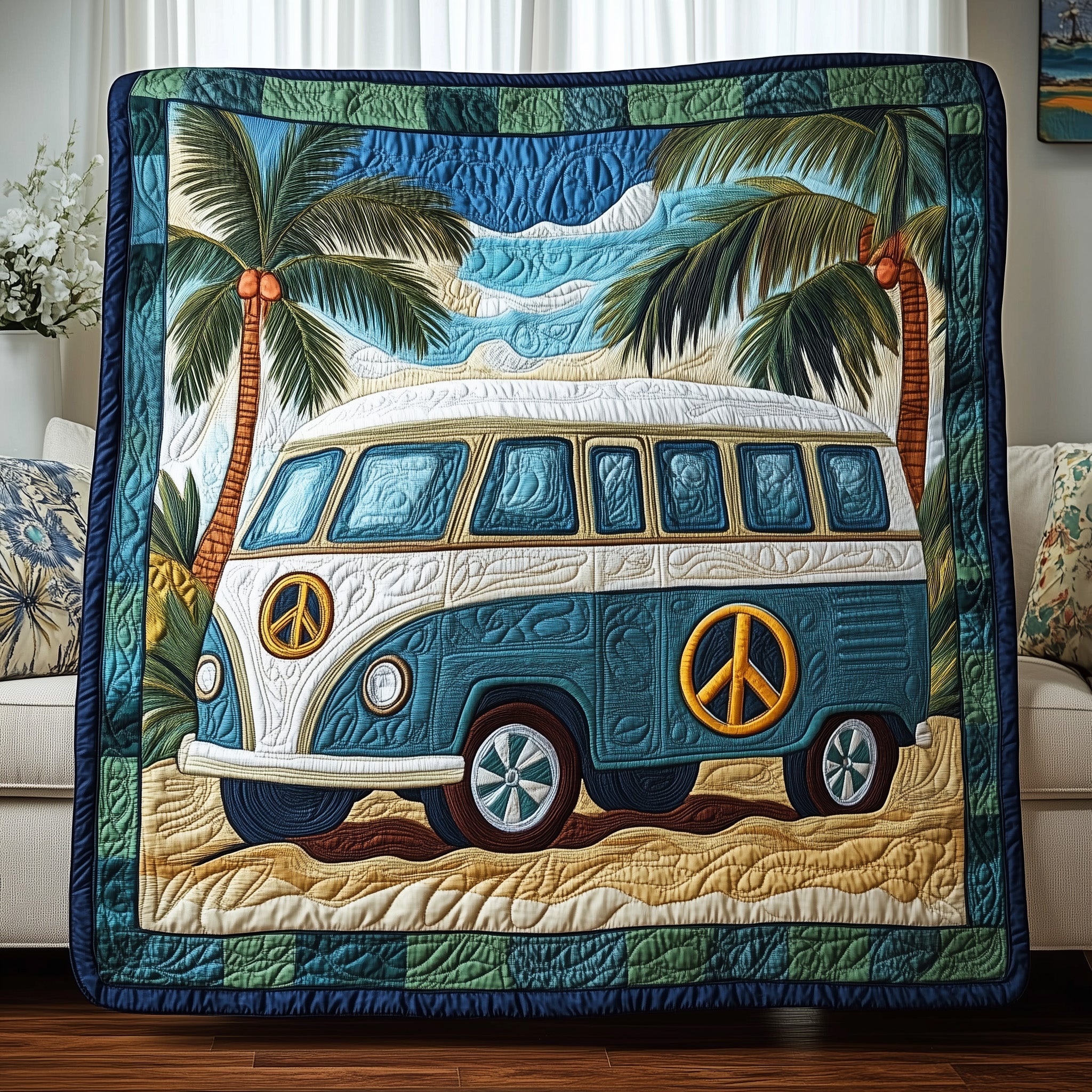 Hippie Van Journey Quilted Blanket Cute Soft BlanketBest Gifts For Hippie Friends
