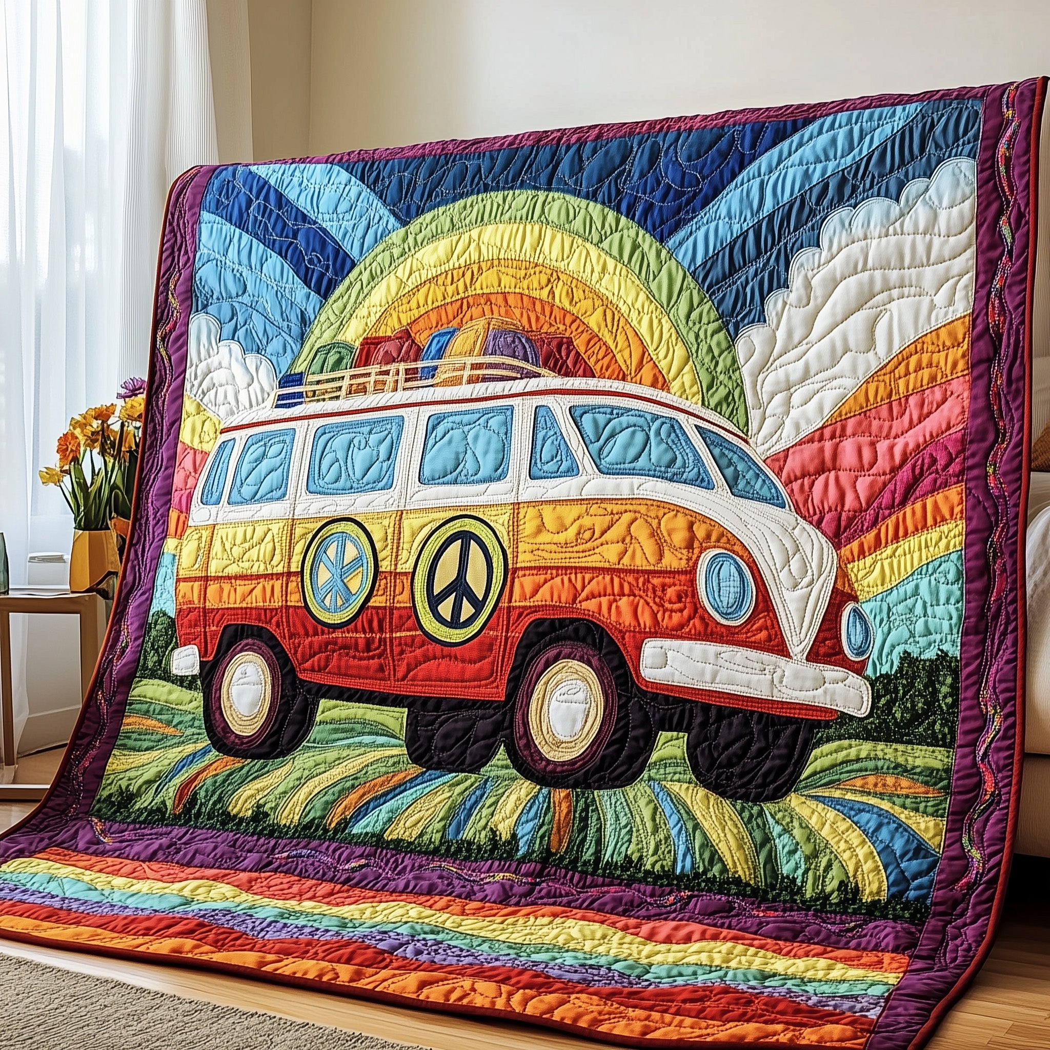 Hippie Van Journey Quilted Blanket Cute Soft BlanketGift Ideas For Hippie Mom