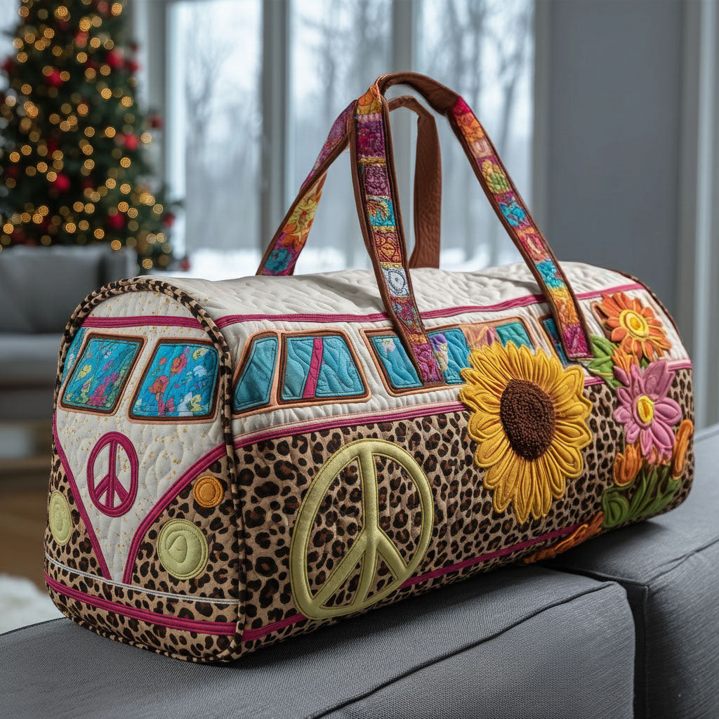 Hippie Van Leopard Floral Quilted Duffle Bag Boho Cheetah Travel Bag Cute Gift For Women Her