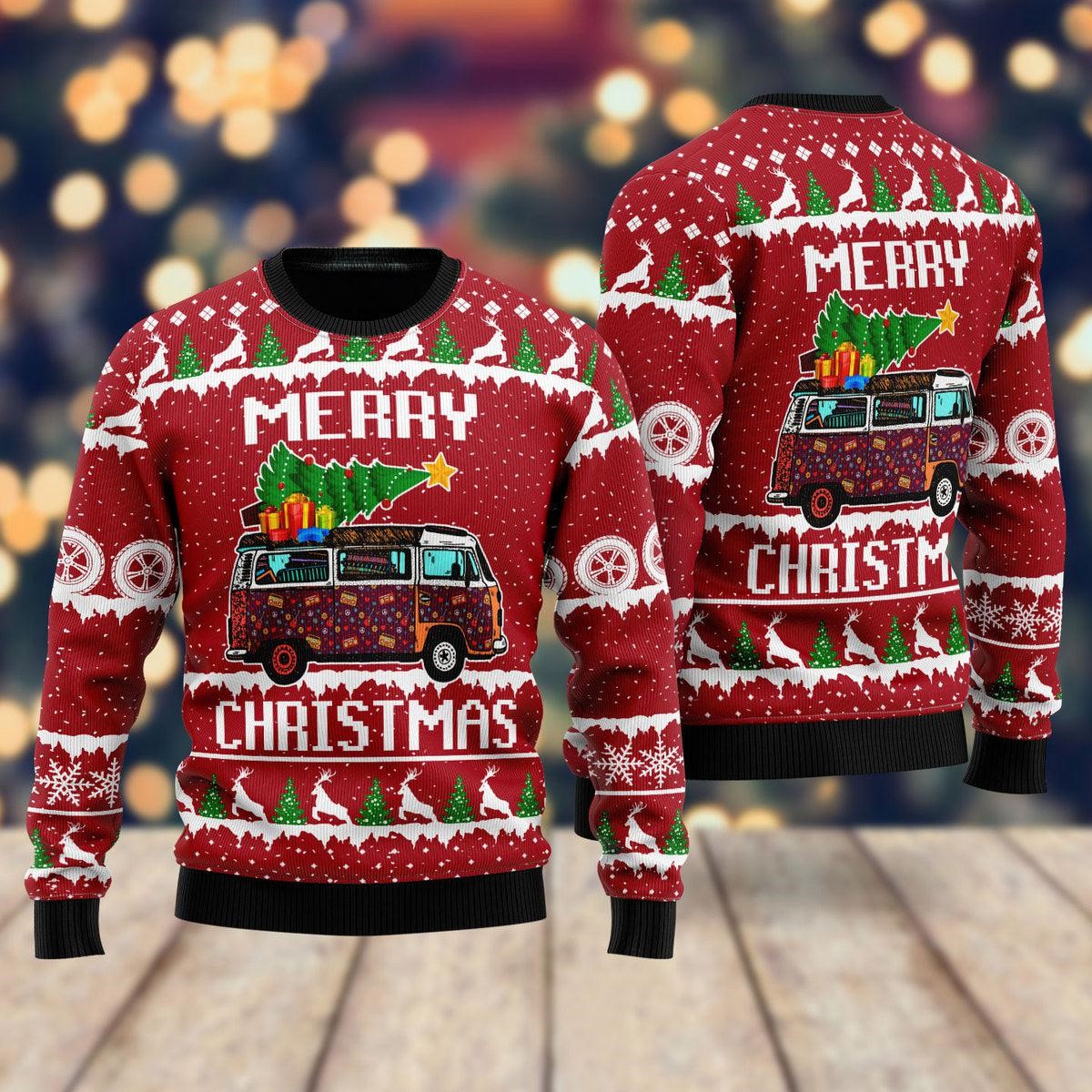 Hippie Van Merry Christmas Ugly Holiday Jumper Hippie Themed Sweaters Gifts For Xmas