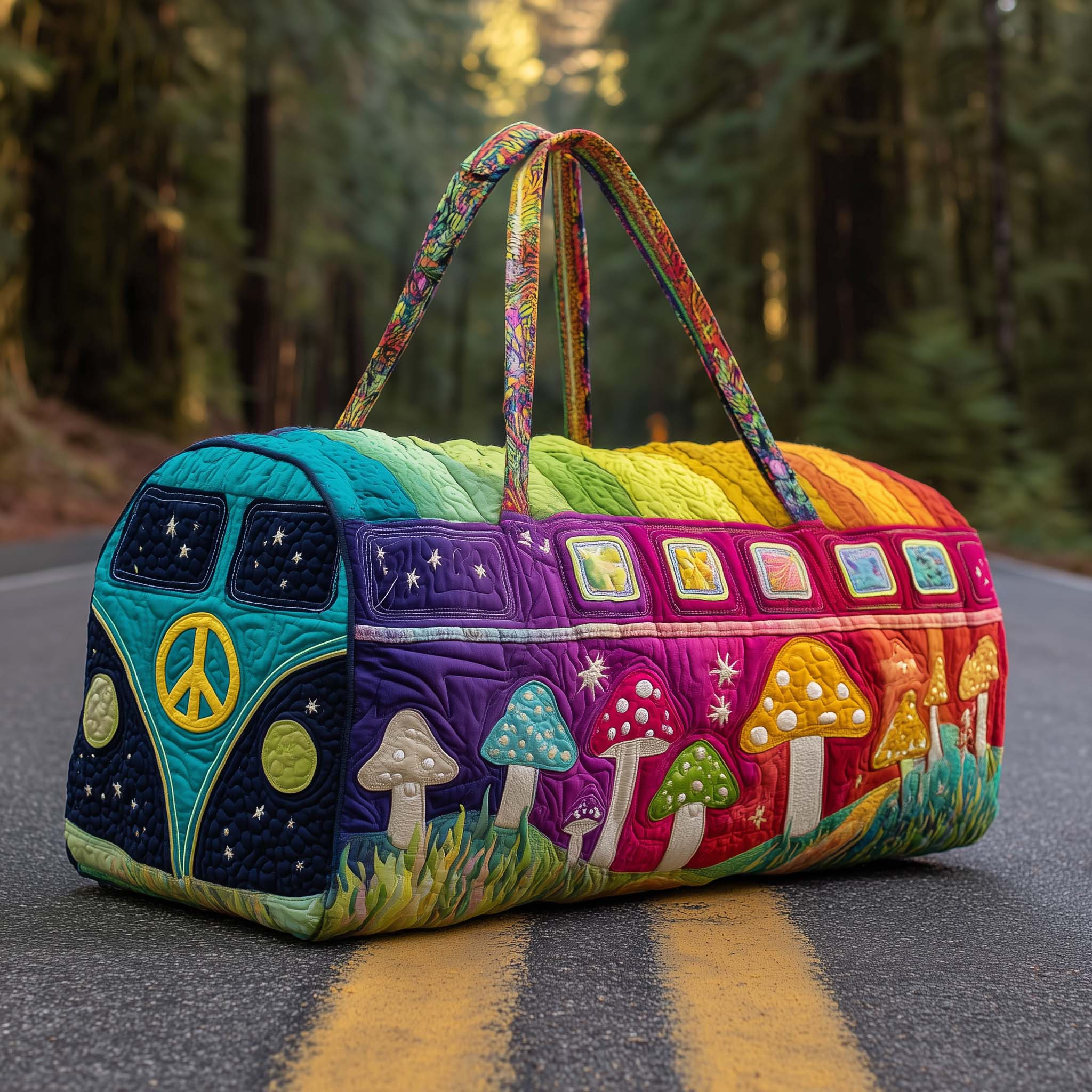 Hippie Van Mushroom Rainbow Quilted Duffle Bag Retro Boho Travel Bag Best Gift For Hippie Fans
