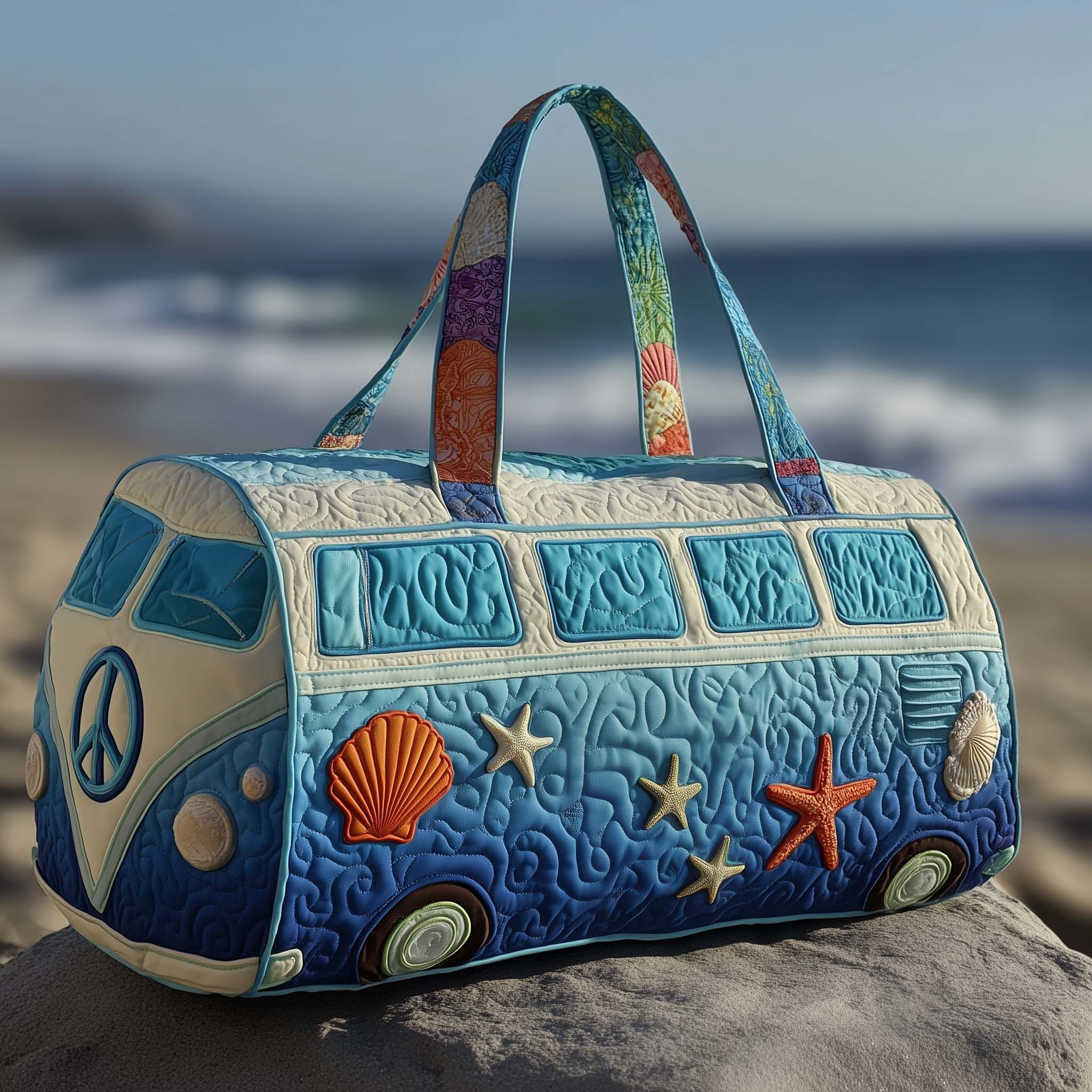 Hippie Van Ocean Beach Quilted Duffle Bag Seashell Coastal Travel Bag Best Gift For Beach Lovers