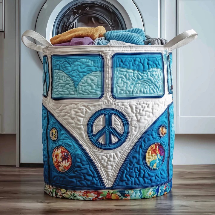 Hippie Van Ocean Blue Quilted Laundry Basket VW Bus Peace Sign Boho Home Gift For Hippie Lovers