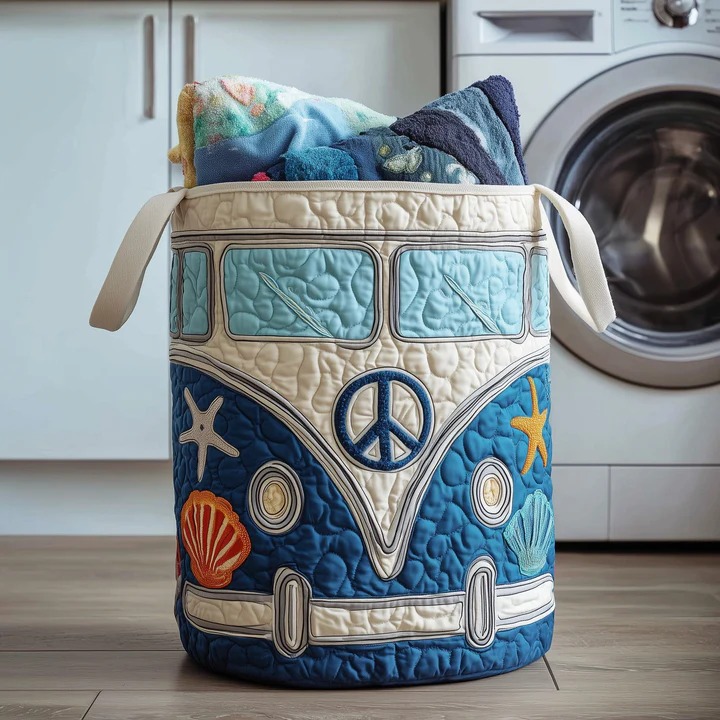 Hippie Van Ocean Quilted Laundry Basket VW Bus Beach Seashell Starfish Nautical Gift Ideas
