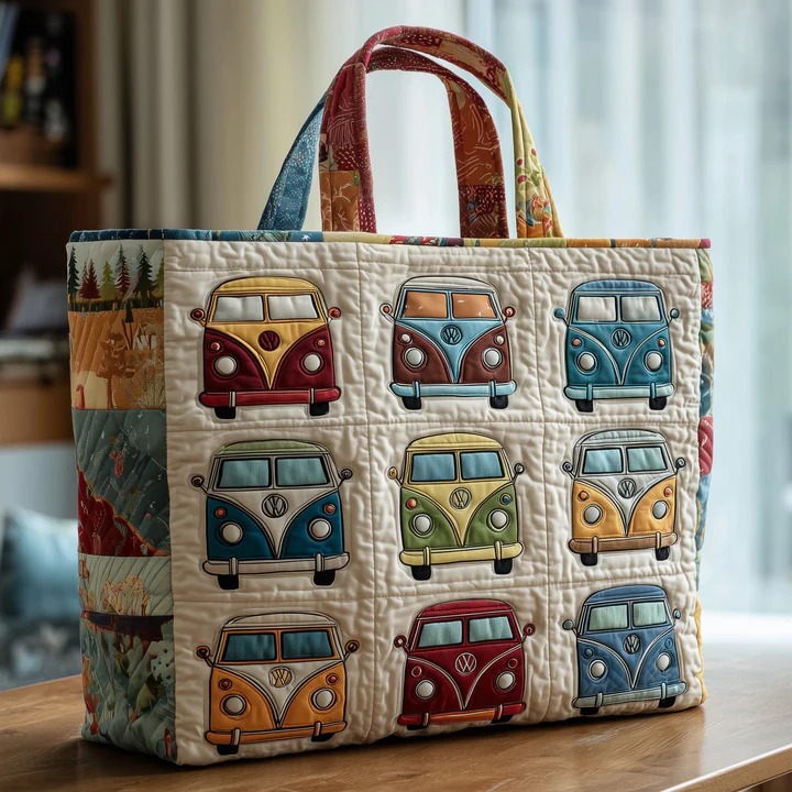 Hippie Van Pattern Quilted Tote Bag Colorful Mini Van Bag Best Gift For Boho Women