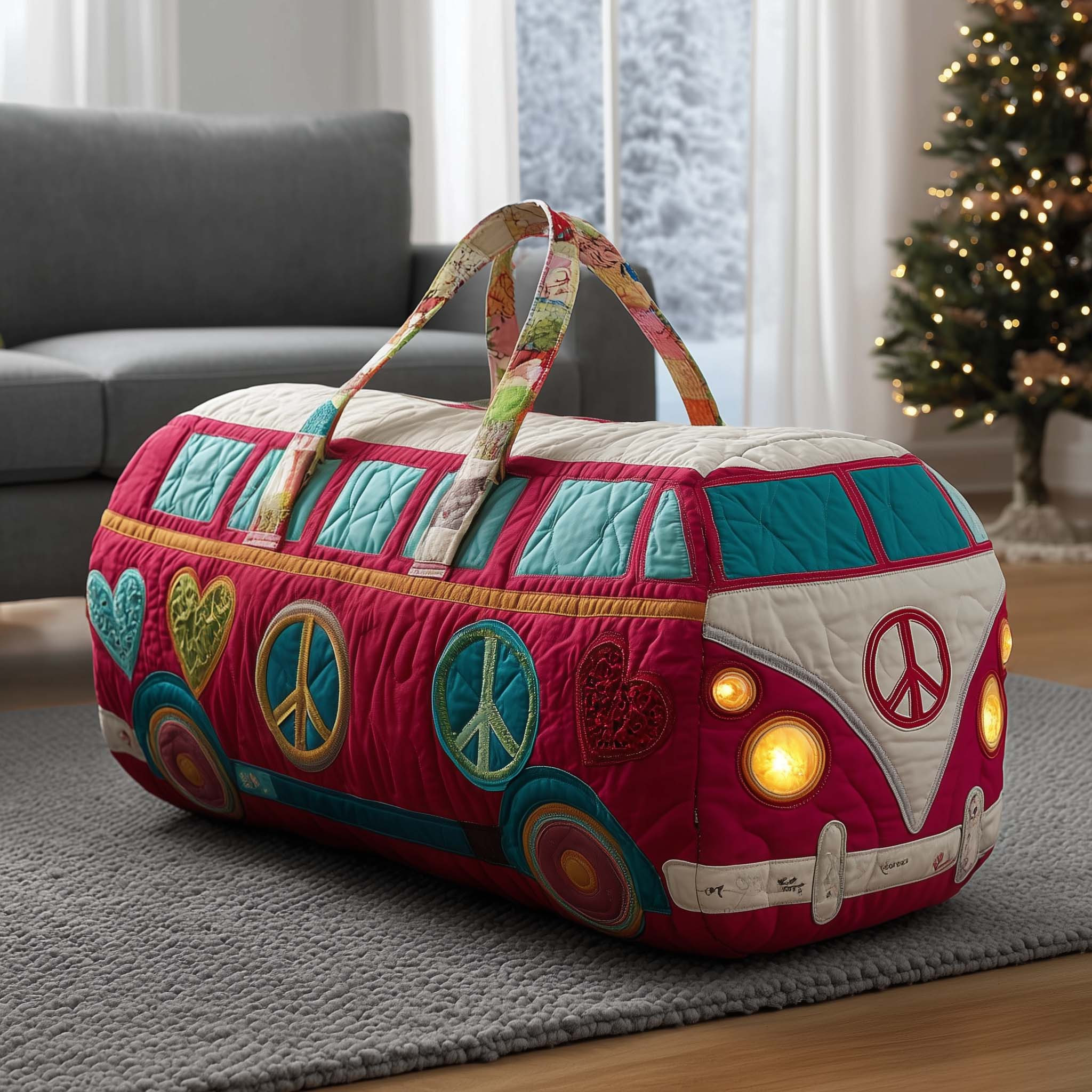 Hippie Van Peace Love Quilted Duffle Bag Red Heart Retro Travel Bag Best Gift For Hippie Lovers