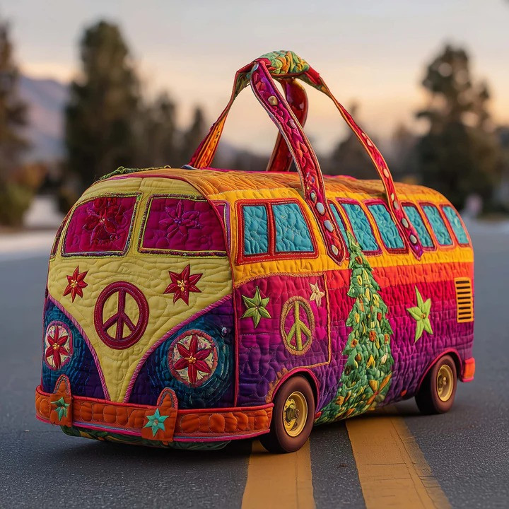 Hippie Van Peace Sign Floral Quilted Duffle Bag Boho Travel Bag Best Gift For Hippie Lovers