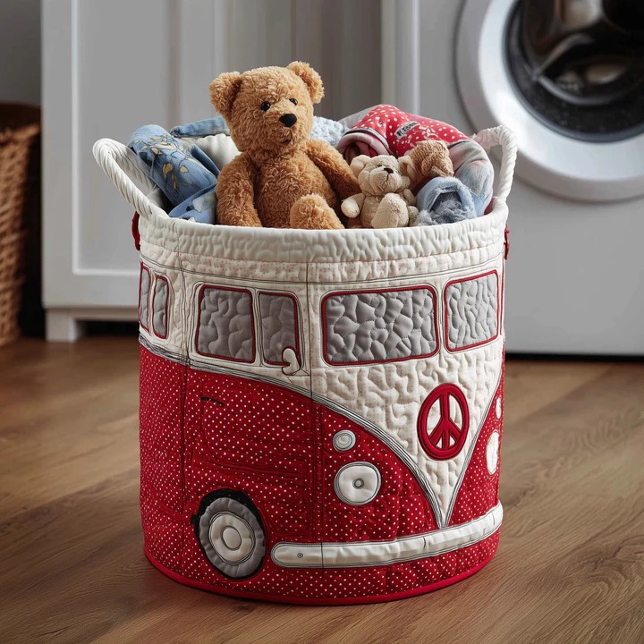 Hippie Van Polka Dot Quilted Toy Laundry Basket Red VW Bus Boho Kids Room Storage Gift Ideas
