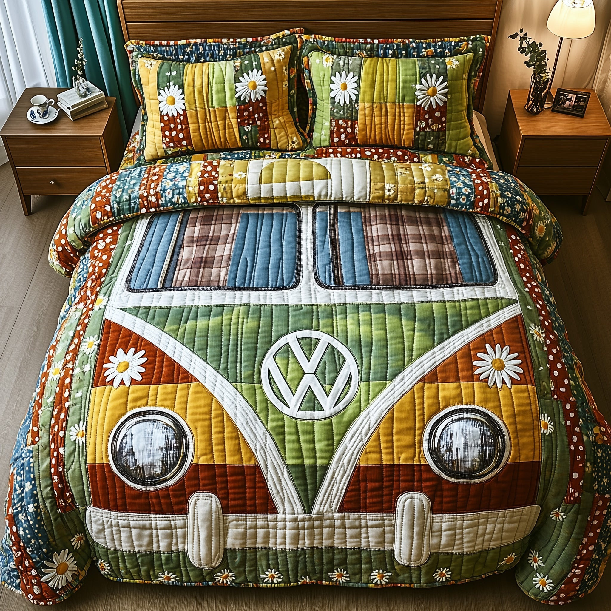 Hippie Van Quilted Bedding Set Boho Flower Van Bedding Unique Daisy Van Bedding Gifts