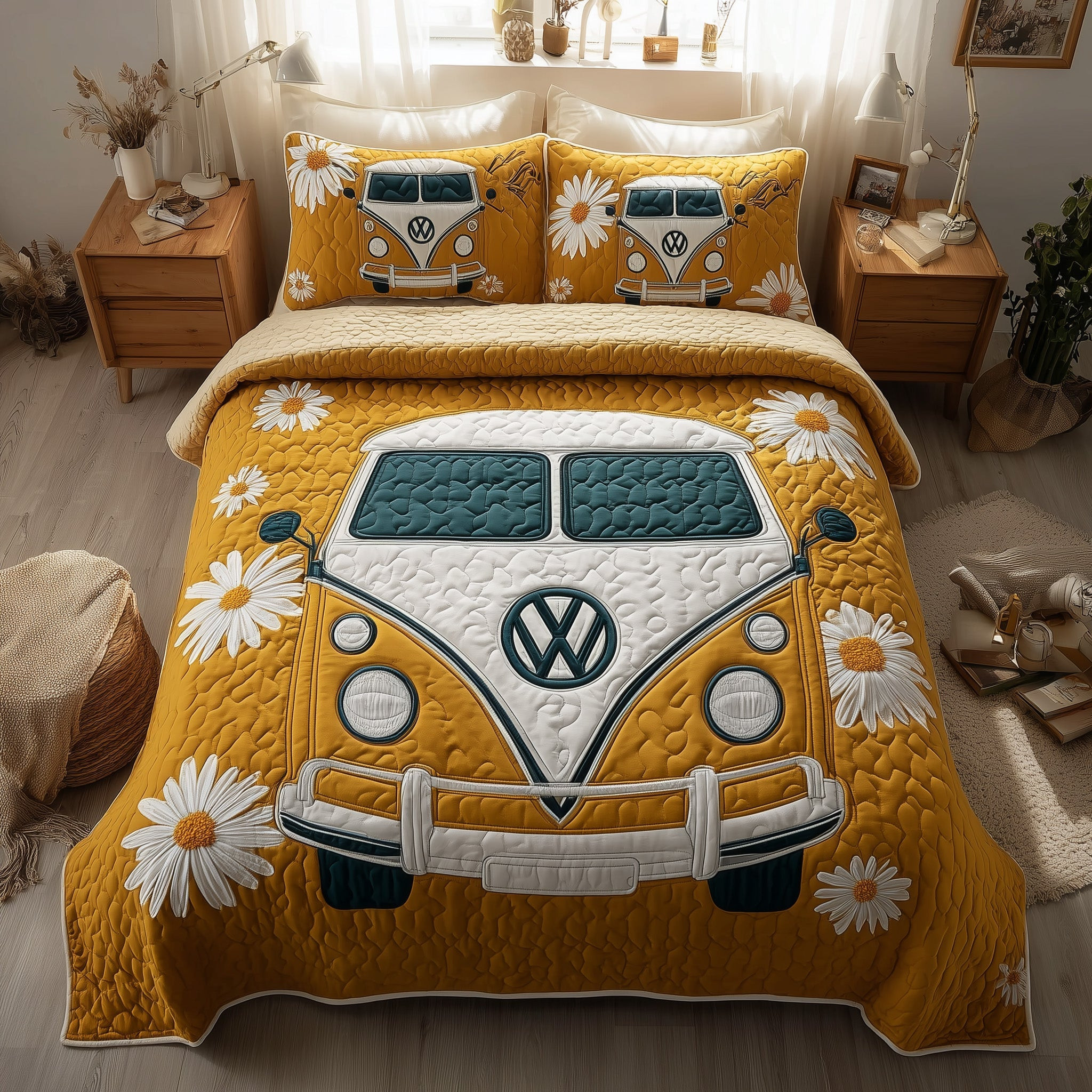 Hippie Van Quilted Bedding Set Cozy Van With Daisy Merch Gifts For Friends