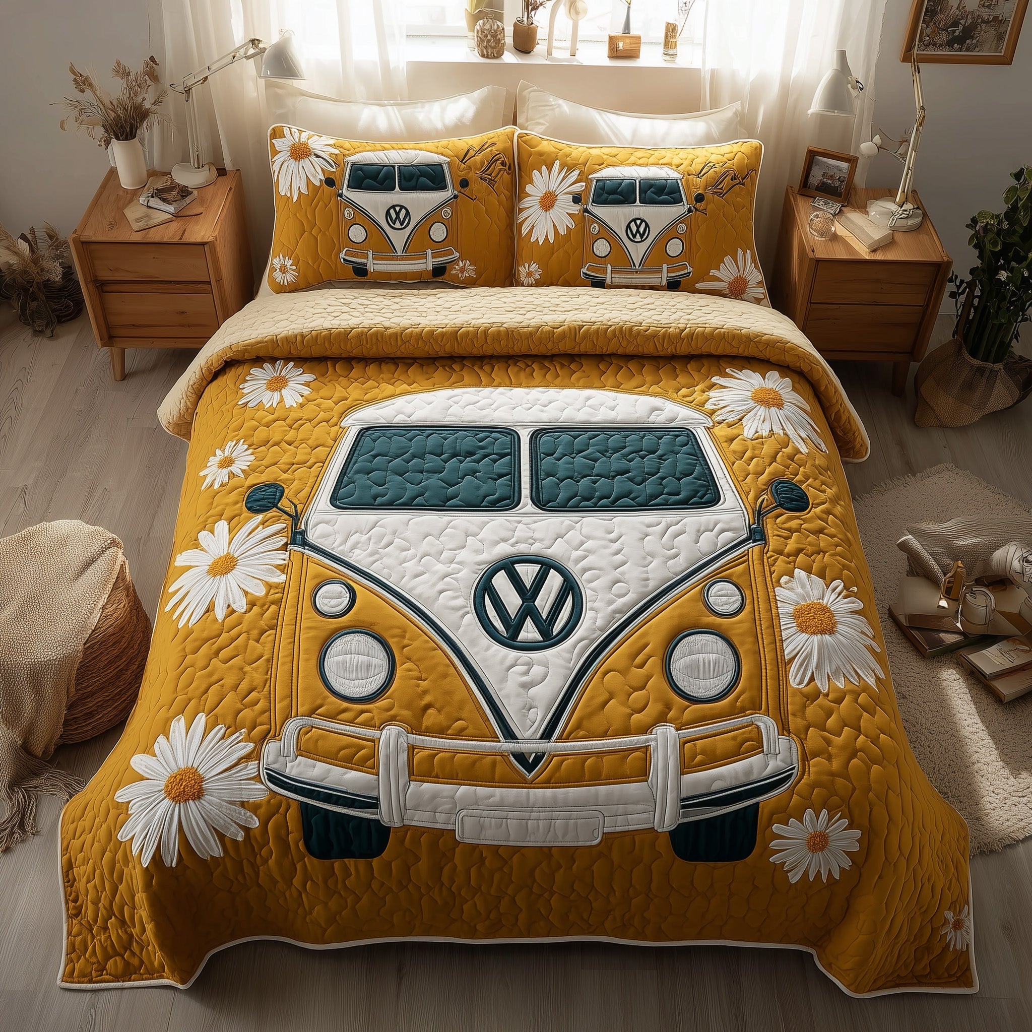 Hippie Van Quilted Bedding Set Cozy Van With Daisy Merch Gifts For Friends