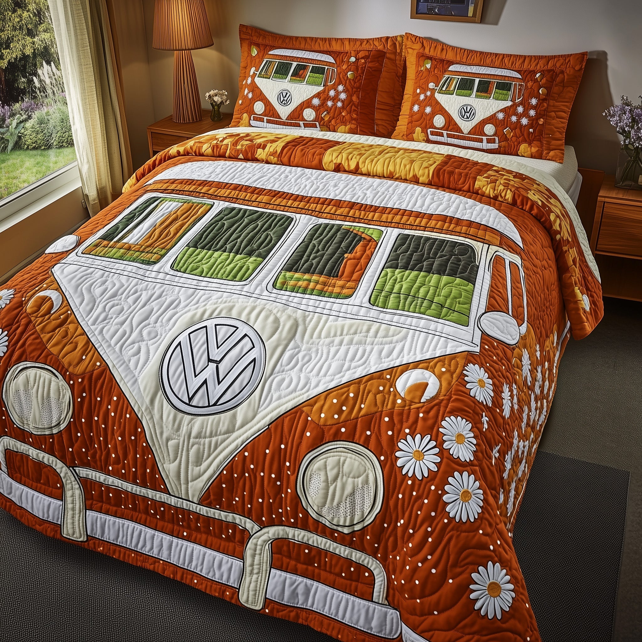 Hippie Van Quilted Bedding Set Daisy Boho Flower Van Bedding Unique Bedding Gifts