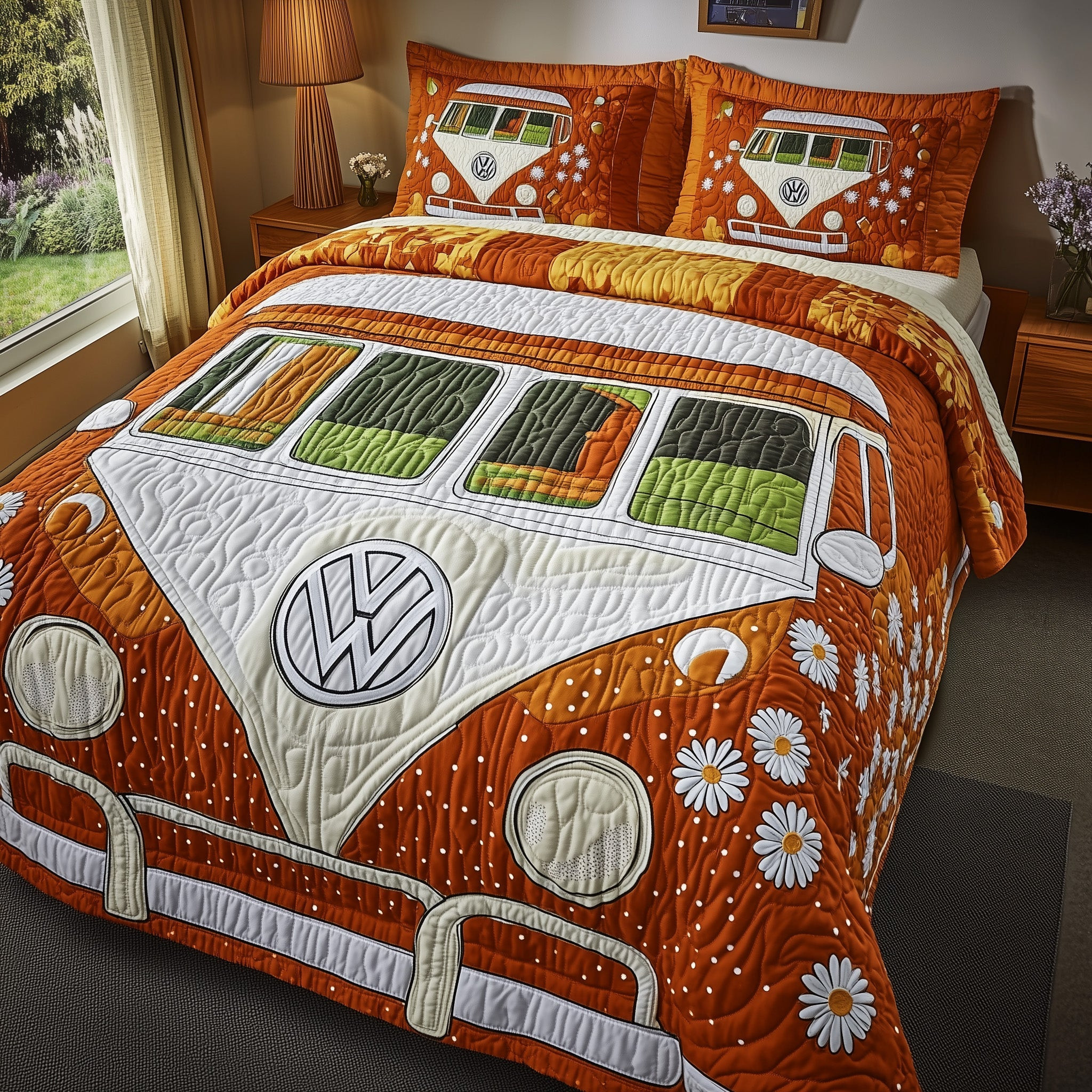 Hippie Van Quilted Bedding Set Daisy Boho Flower Van Bedding Unique Bedding Gifts
