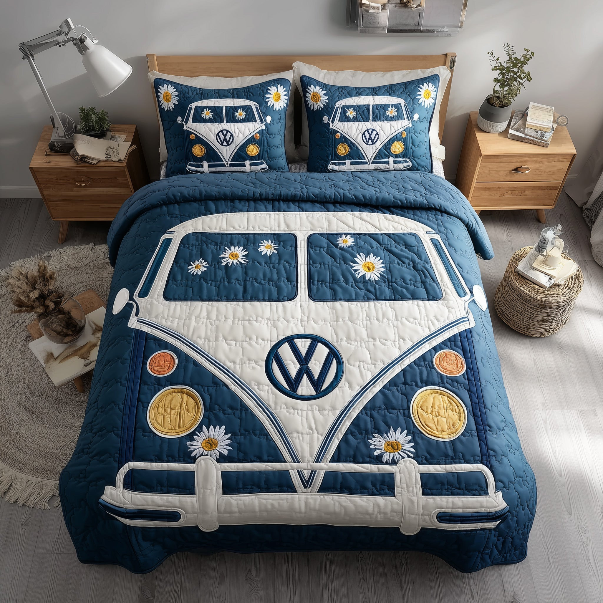 Hippie Van Quilted Bedding Set Daisy Flower Hippie Bus Vintage Boho Style Gifts For Her