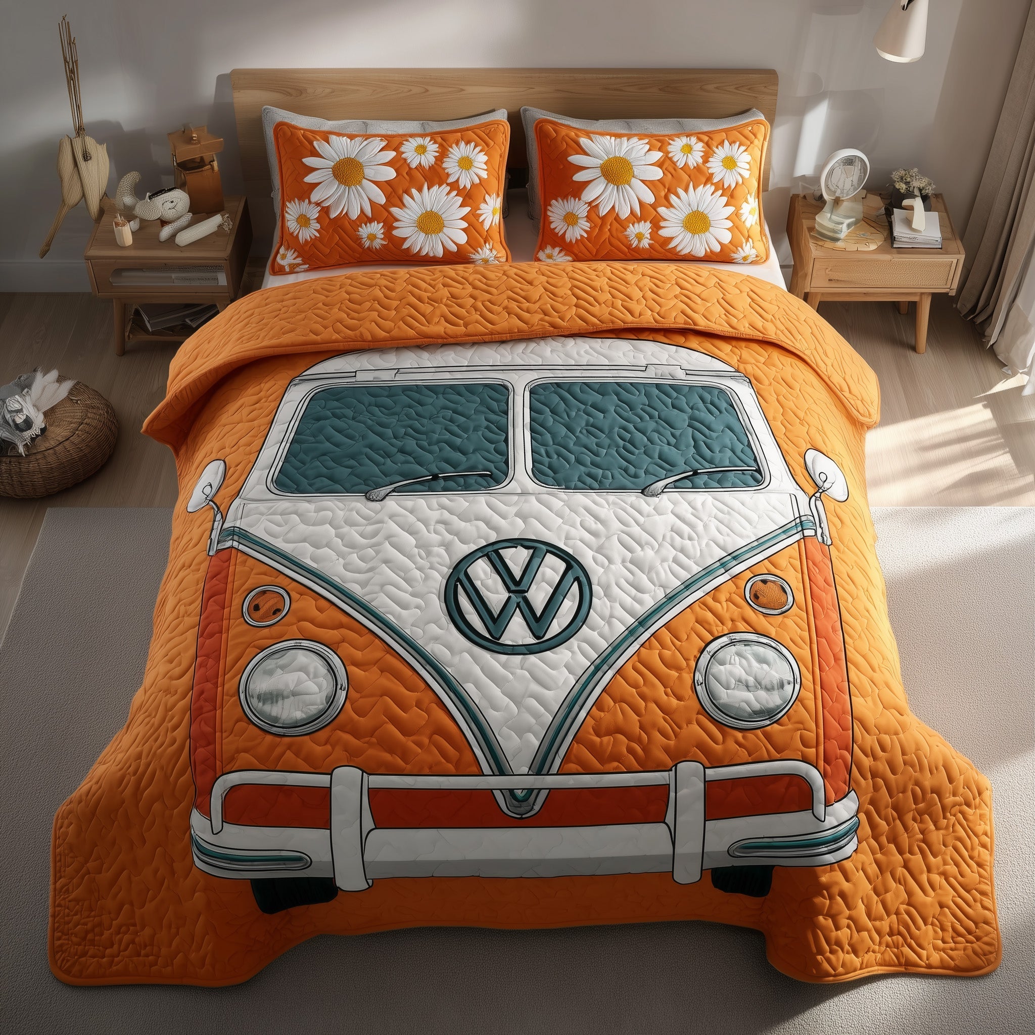 Hippie Van Quilted Bedding Set Daisy Flower Hippie Orange Bus Vintage Boho Style Presents