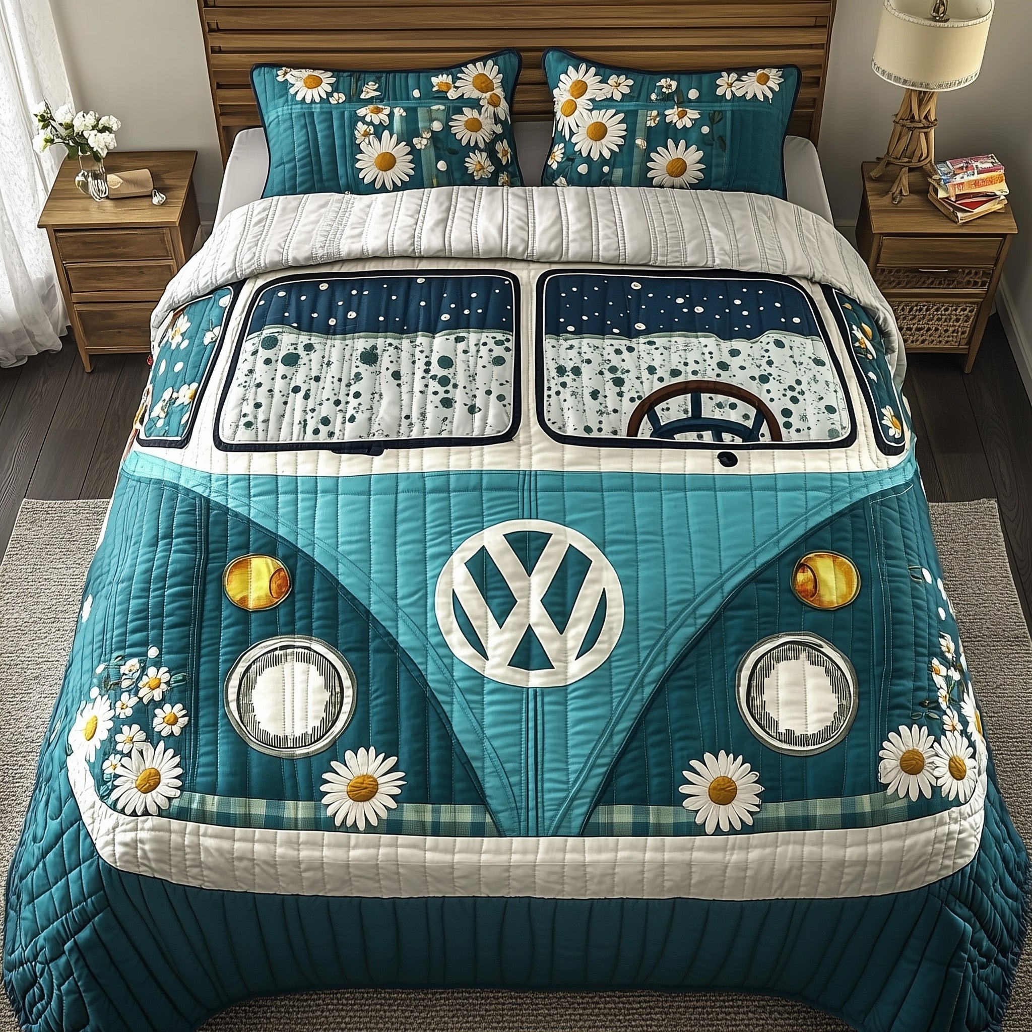 Hippie Van Quilted Bedding Set Daisy Flower Vibes Flower Lovers Presents Ideas