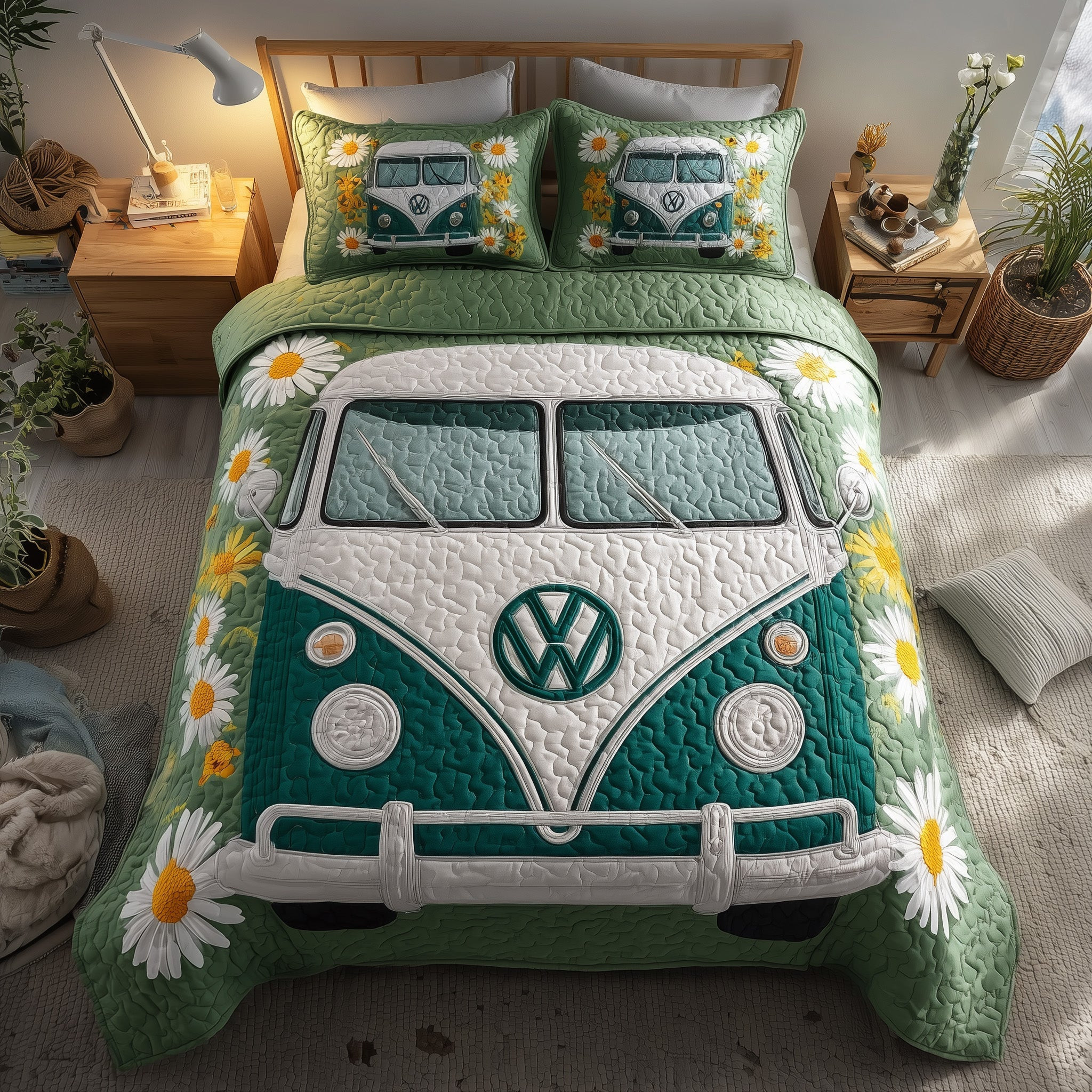 Hippie Van Quilted Bedding Set Daisy Peace and Love Decor Best Daisy Lovers Gifts