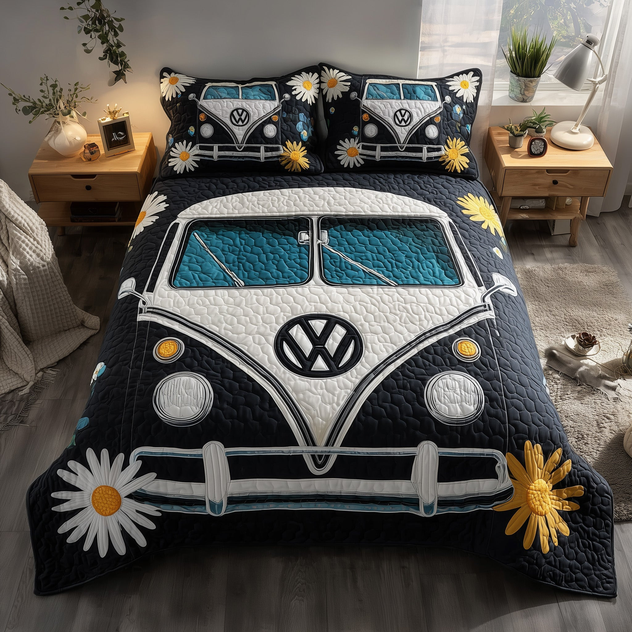 Hippie Van Quilted Bedding Set Daisy Peace and Love Decor Best Gifts For Daisy Enthusiasts