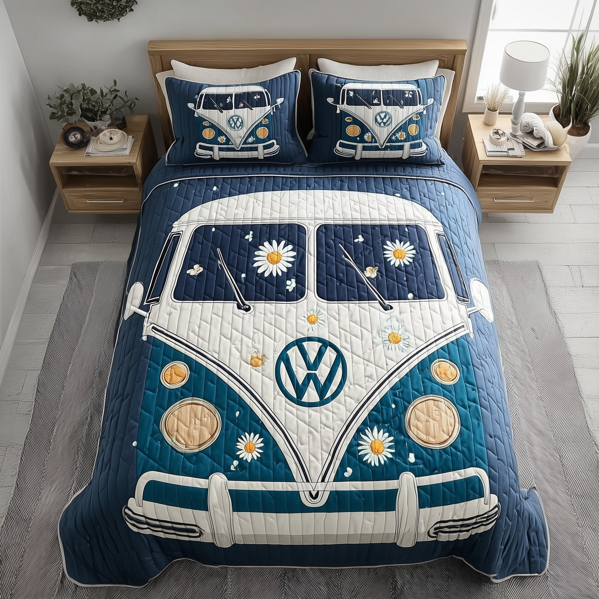 Hippie Van Quilted Bedding Set Daisy Peace and Love Decor Best Gifts For Daisy Lovers