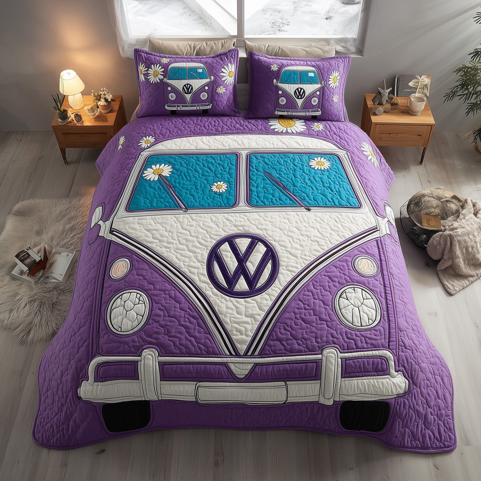 Hippie Van Quilted Bedding Set Daisy Peace and Love Decor Unique Gifts For Daisy Lovers