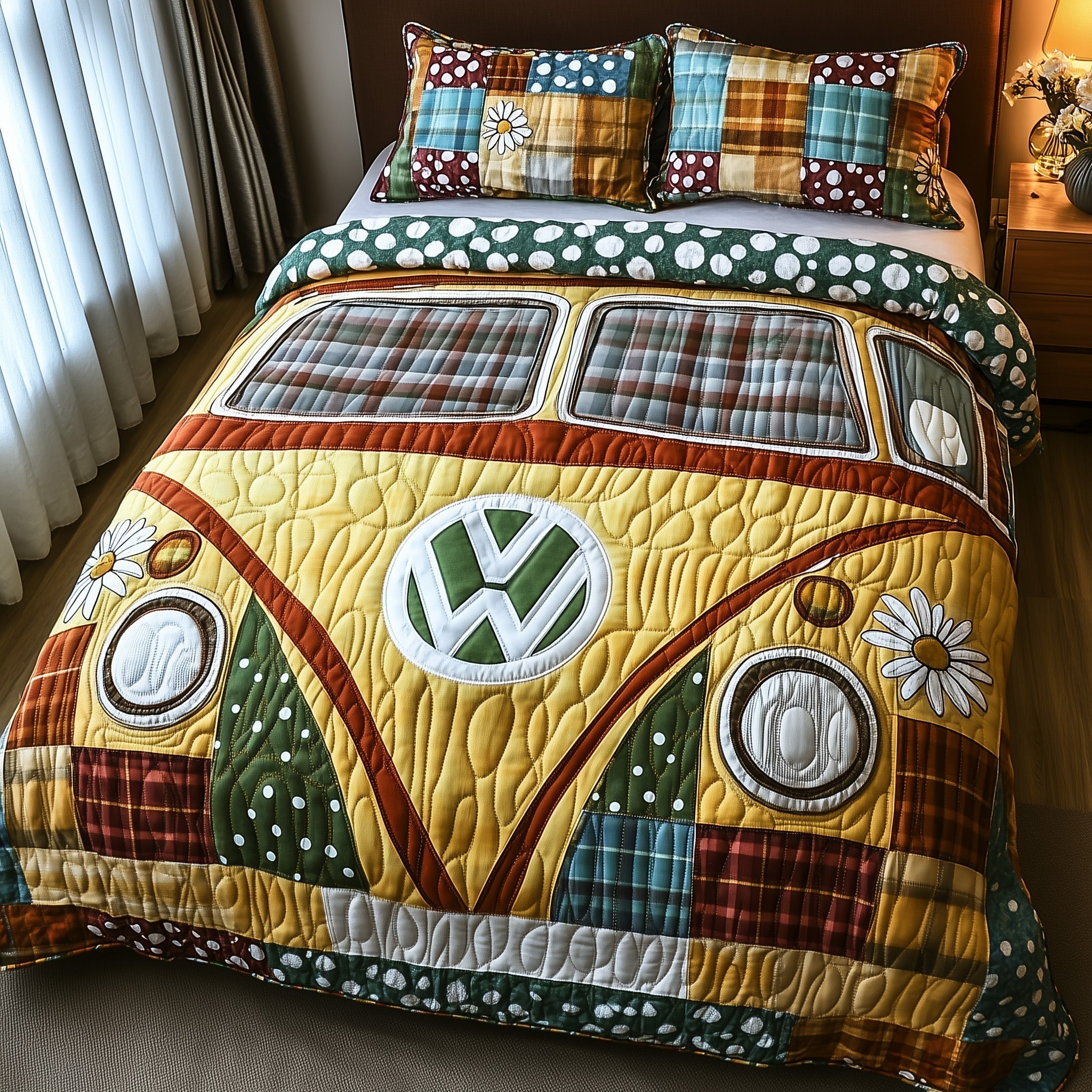 Hippie Van Quilted Bedding Set Daisy Van Decoration Unique Bedding Gifts