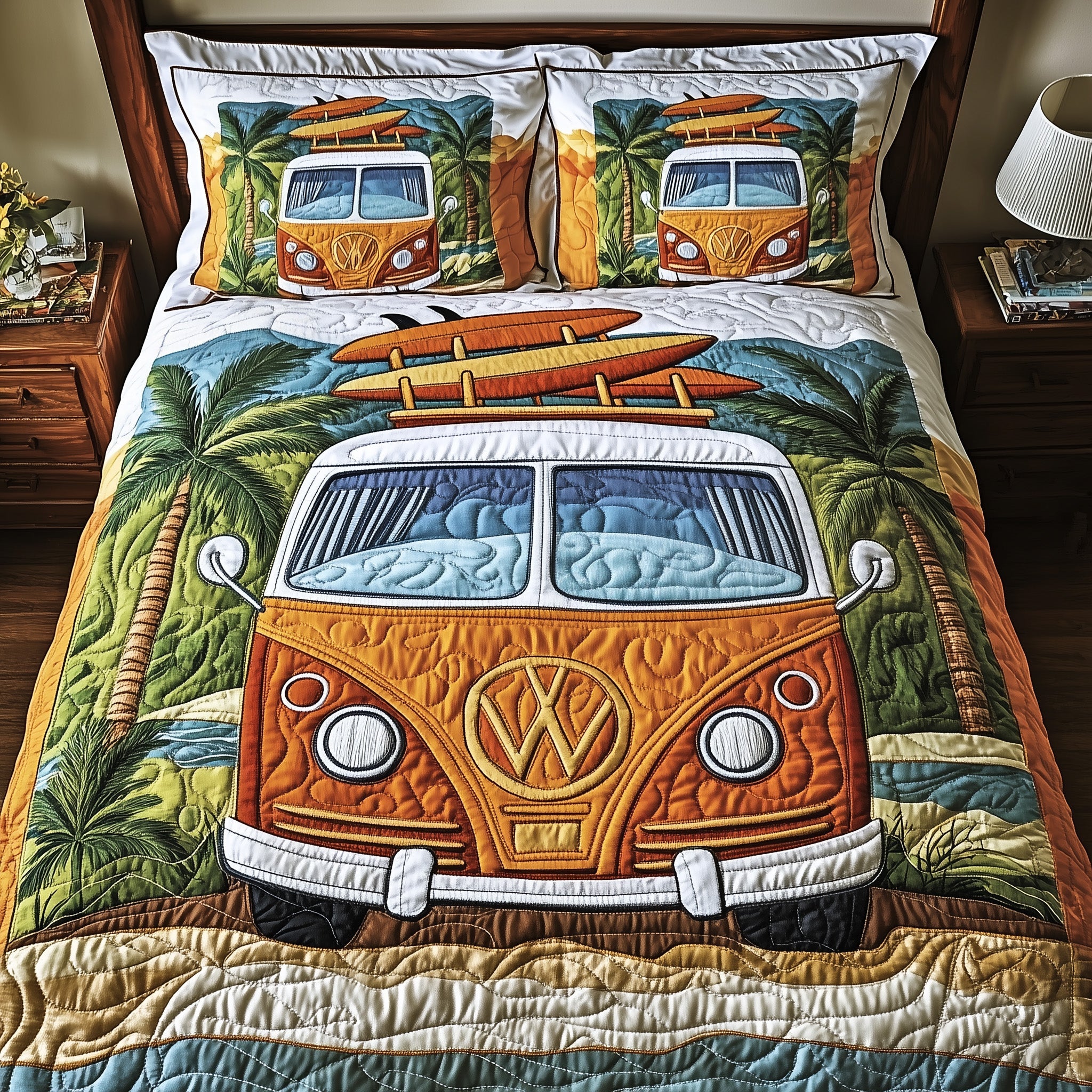Hippie Van Quilted Bedding Set Floral Print