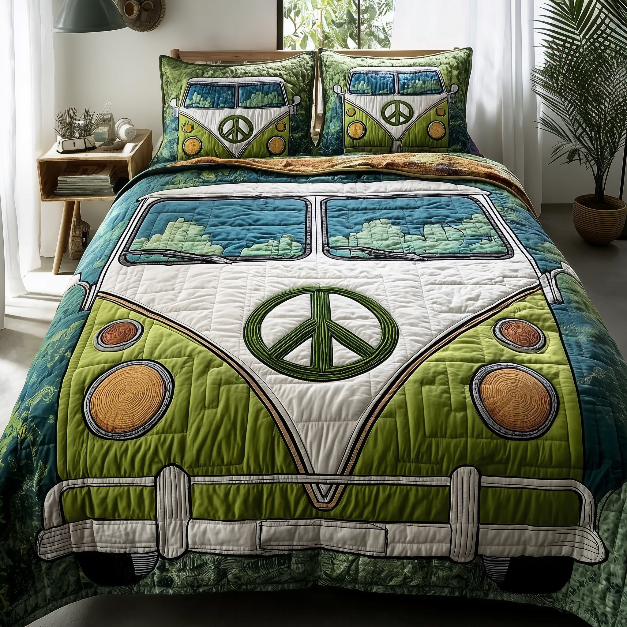 Hippie Van Quilted Bedding Set For Couples
