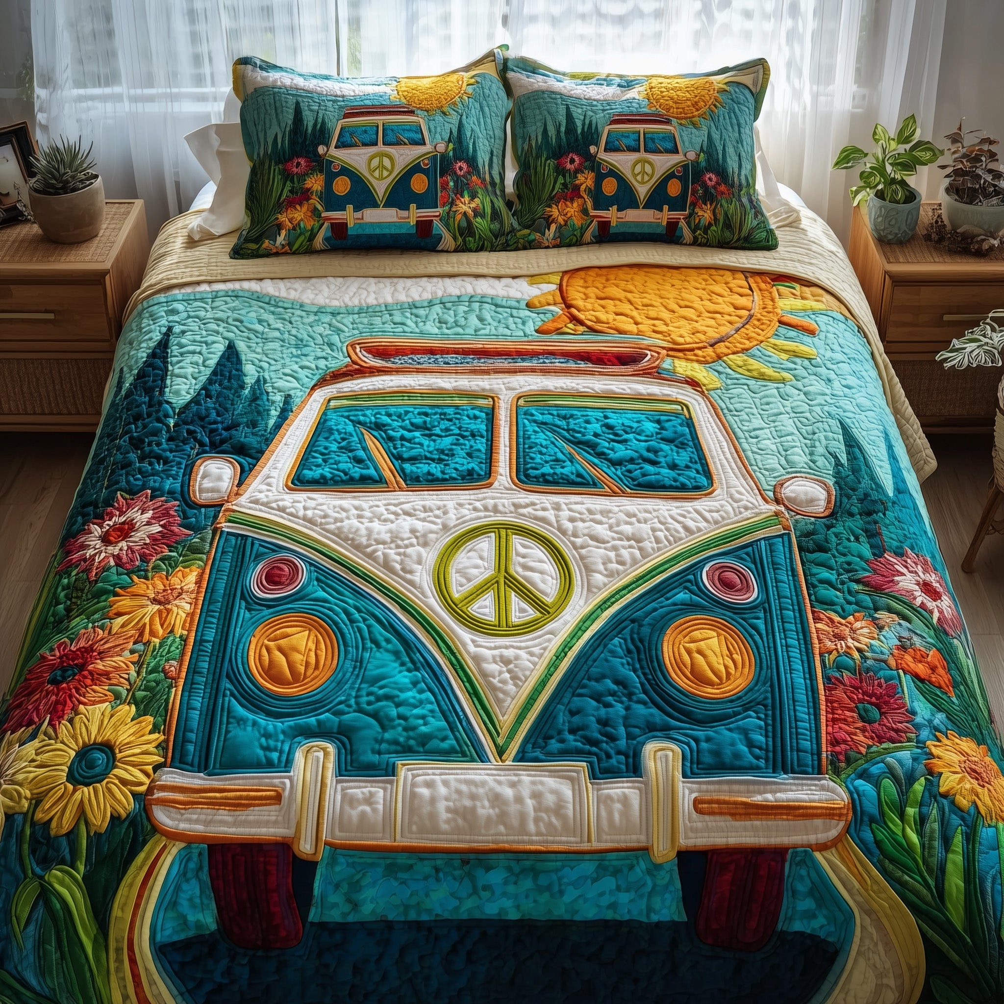 Hippie Van Quilted Bedding Set For Family