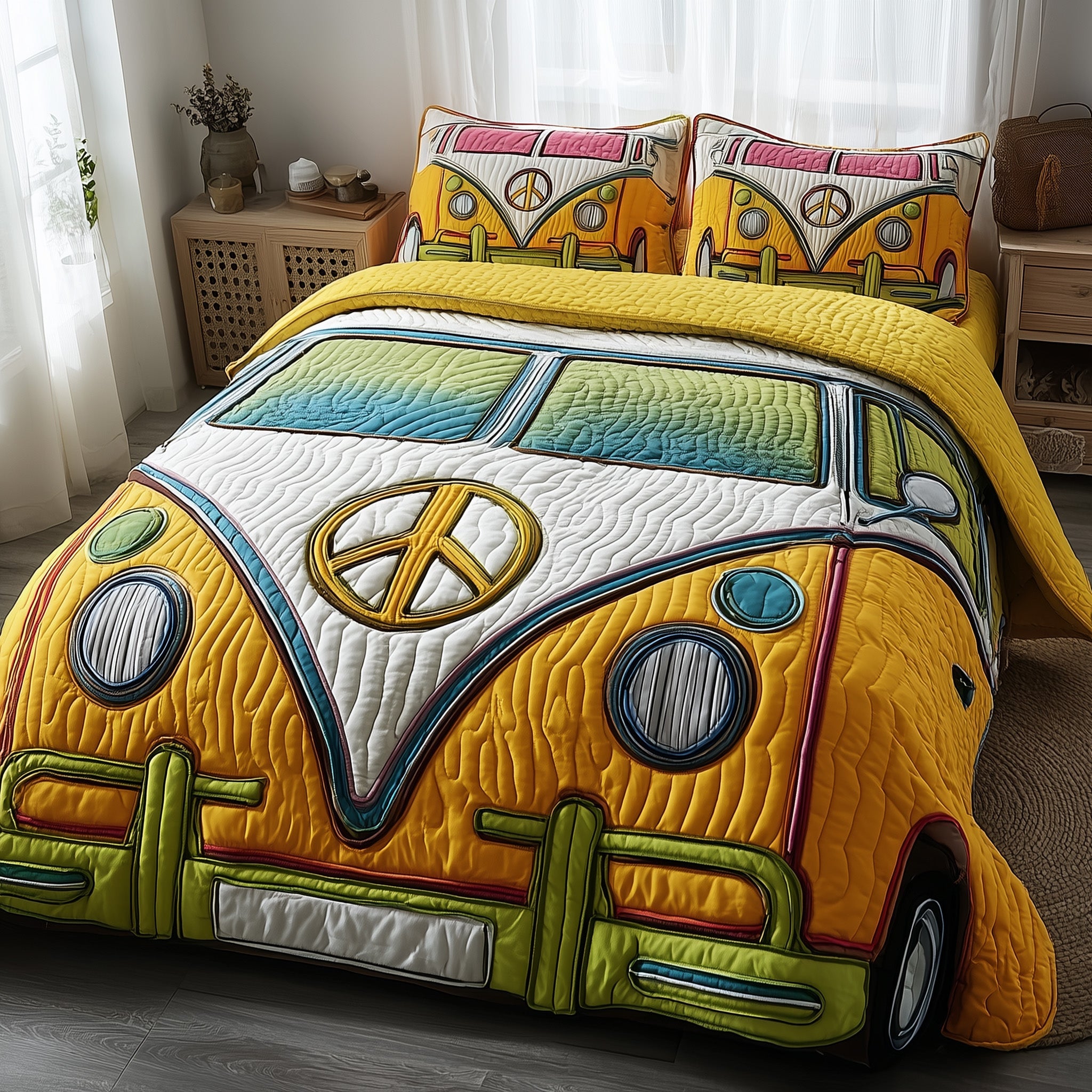 Hippie Van Quilted Bedding Set Relaxing Sleep